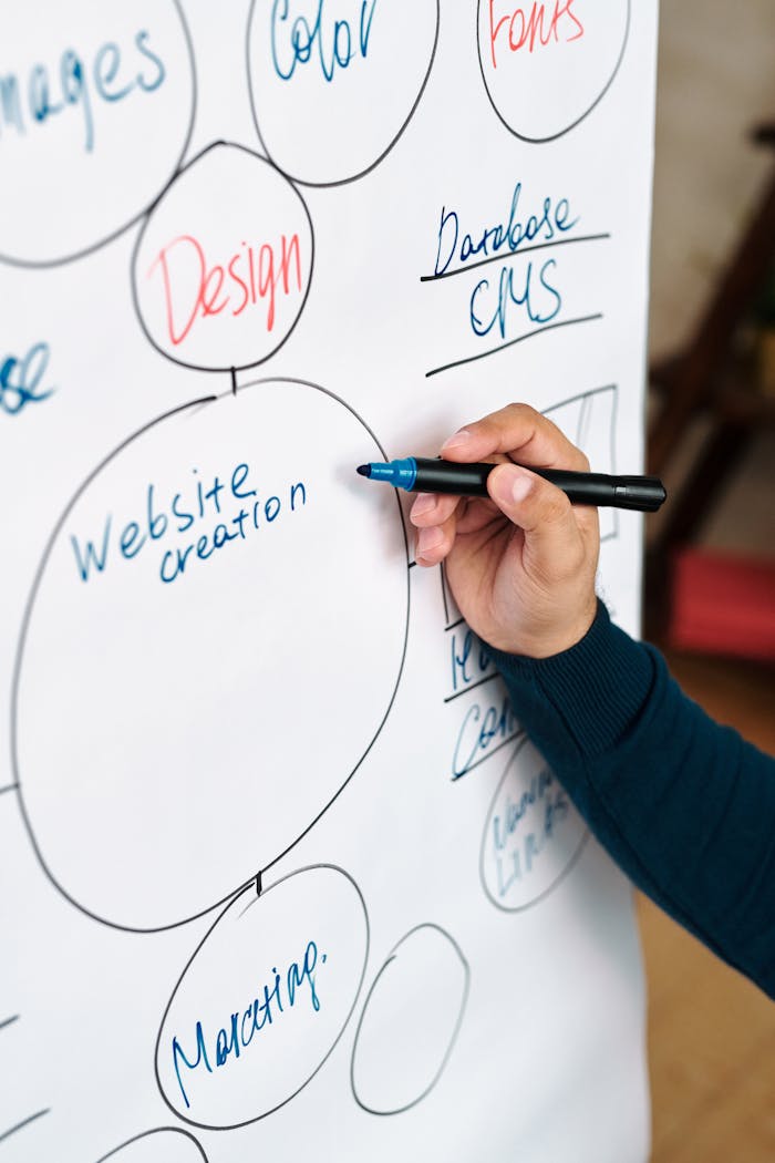Services Person writing website creation mindmap on whiteboard for business brainstorming.